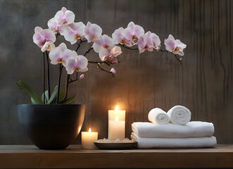 Serene Spa Setting with Blooming Orchids and Candles