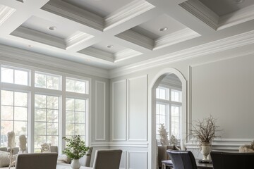 Modern interior design featuring a coffered ceiling, wainscoting, and large windows creating a bright and airy dining space