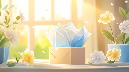 Tissue box and flowers on a sunlit table for flu care. Snowveil. Illustration