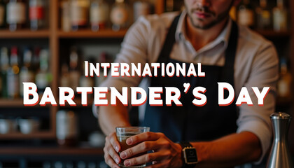 A grand display for International Bartender's Day where a bartender presents expertly crafted cocktails, creating a festive ambiance filled with joyful celebration.