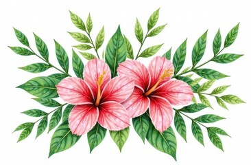 Obraz premium Watercolor of Tropical spring floral green leaves and flowers s isolated on transparent png background, bouquets greeting or wedding card decoration