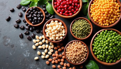 A colorful display of various legumes in bowls, symbolizing the diversity and health benefits promoted on World Pulses Day with a vibrant banner.