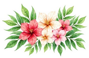 Obraz premium Watercolor of Tropical spring floral green leaves and flowers s isolated on transparent png background, bouquets greeting or wedding card decoration