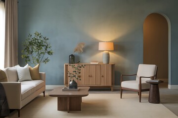 A tranquil living room features a beige sofa, light wood cabinet, armchair, coffee table, and lamp, set against a calming blue wall. The room exudes a sense of peace and understated elegance.