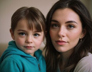 a close-up portrait of a young woman and a child. The woman has long, dark brown hair and is wearing subtle makeup. She has a calm and gentle expression on her face