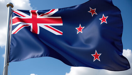 An image of the New Zealand flag waving in the breeze, symbolizing the joy and spirit of Waitangi Day celebration.