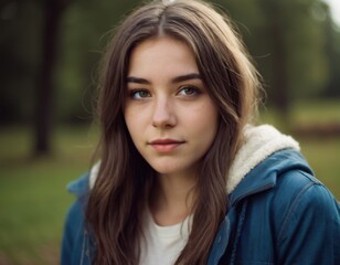 Naklejka premium a young woman with long brown hair and fair skin, standing outdoors. She is wearing a blue jacket with a white, fluffy lining and a white top underneath