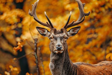 Fototapeta premium Red deer stag standing in a colorful autumn forest
