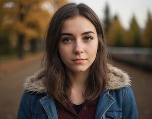  a young woman with shoulder-length brown hair and a calm expression on her face. She is wearing a denim jacket with a fur-lined collar over a dark top