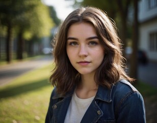 Obraz premium a young woman with shoulder-length brown hair and fair skin, standing outdoors. She is wearing a denim jacket over a light-colored top