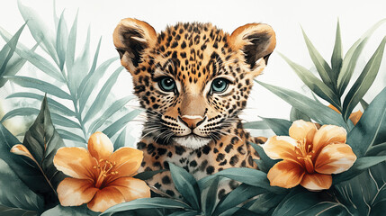 Naklejka premium Whimsical watercolor portrayal of a playful leopard cub surrounded by delicate flowers and butterflies, illustrating the enchanting beauty of wildlife in a vibrant setting.