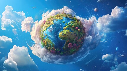 Fototapeta premium A whimsical, colorful depiction of Earth surrounded by clouds and planets, emphasizing nature.