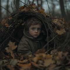 Young child hides in a cozy nest made of twigs and leaves in a serene forest during early evening