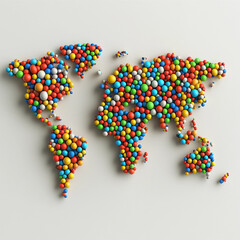 Fototapeta premium Colorful spherical shapes represent continents on a world map with vibrant hues and intricate patterns