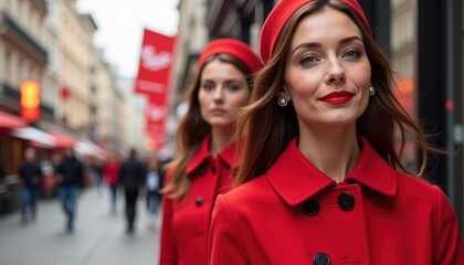 Elegant banner depicting a group of stylish Caucasian women dressed in vibrant red outfits for National Wear Red Day, promoting community awareness.