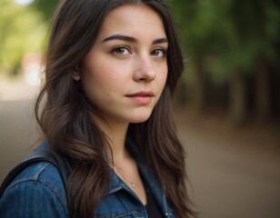 Fototapeta premium a young woman with long, dark brown hair and fair skin. She has a calm and thoughtful expression on her face. She is wearing a denim jacket over a dark top