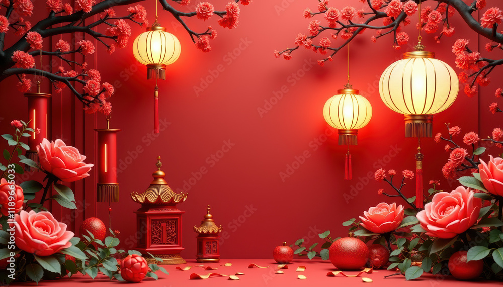 Poster beautifully arranged floral design with bright red chinese lanterns, creating an inviting atmosphere