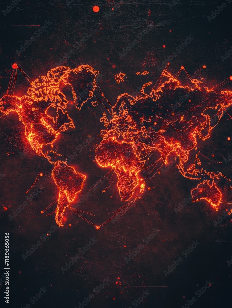 Poster World map highlighting epidemic outbreak zones with vibrant orange and red visual effects representing global health crises. Generative AI