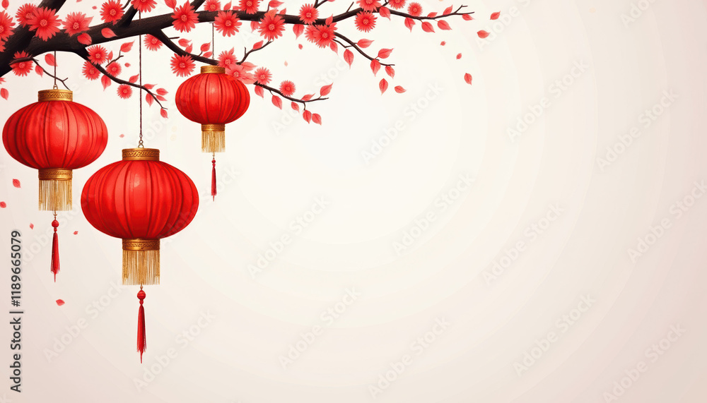 Poster charming display of red lanterns and blossoms, creating a warm atmosphere suitable for a banner duri