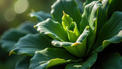 Artistic close up of lush green leaves capturing the breathtaking detail and textures illuminated by soft sunlight in an idyllic natural setting.