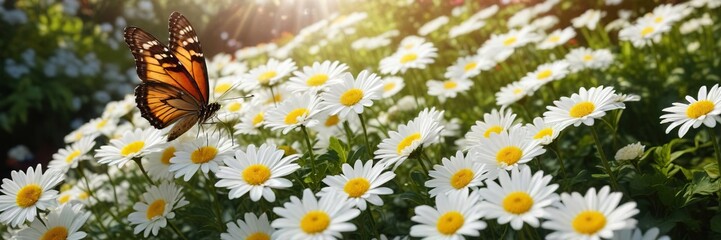 Fototapeta premium Bright butterfly Aglais io flying around multiple white chrysanthemum flowers in a garden with sunlight filtering through, aglais io, nature, garden