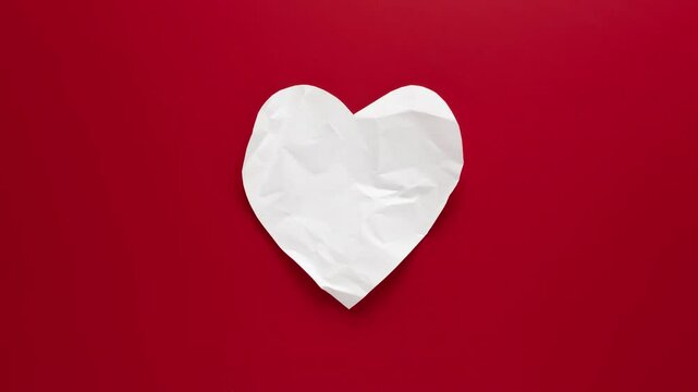 Stop motion animation of crumpled paper in the shape of a heart on a red background