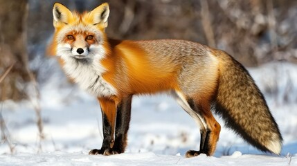 Obraz premium Red fox standing in snowy winter forest. (1)