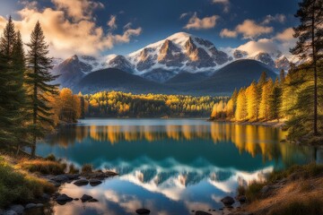autumn lake with trees and mountains in background.
