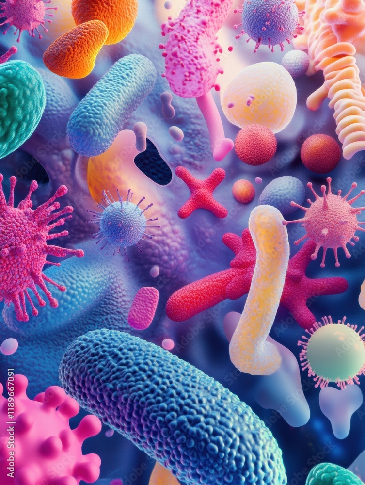 Poster illustration of diverse microscopic microbes showcasing vibrant shapes and unique textures in close 