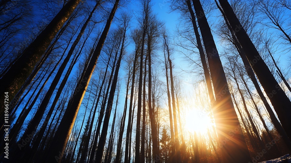 Poster dramatic sunlight filtering through tall forest trees in winter landscape : generative ai