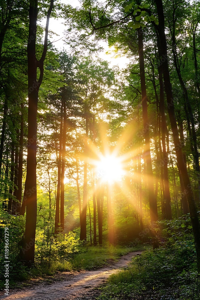 Poster sunlit forest path with tall trees and lush greenery during golden hour : generative ai