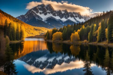 autumn landscape with colorful lake and mountains
