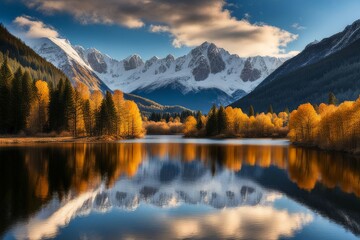 Fototapeta premium autumn landscape with lake and mountains