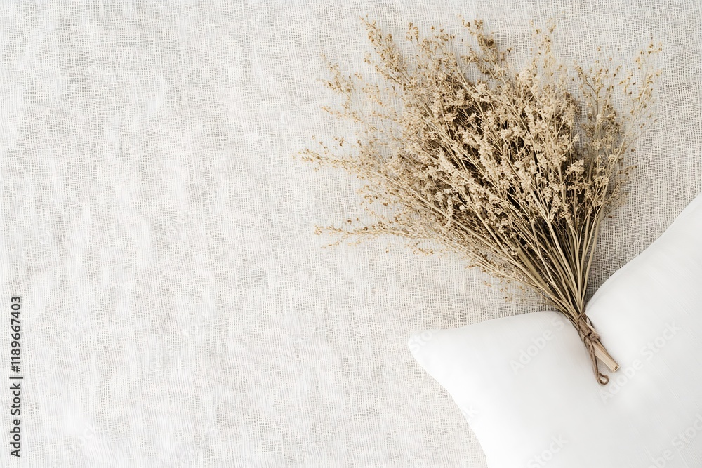 Poster Minimalist Dried Flowers Arranged on Natural Linen Fabric in Soft Neutral Tones : Generative AI