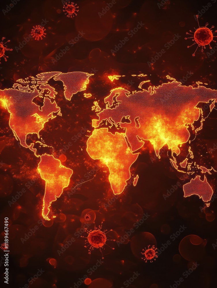 Aufkleber world map showing epidemic outbreak zones with highlighted regions and virus representations. genera