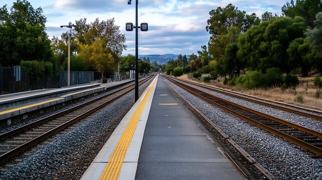 Empty Train Station with Dual Railroad Tracks and Lush Greenery Captured on a Cloudy Day : Generative AI