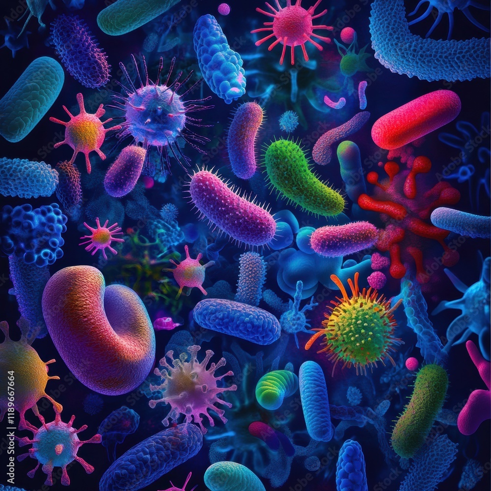Poster illustration showcasing diverse microscopic microbes displaying various vibrant shapes and textures 