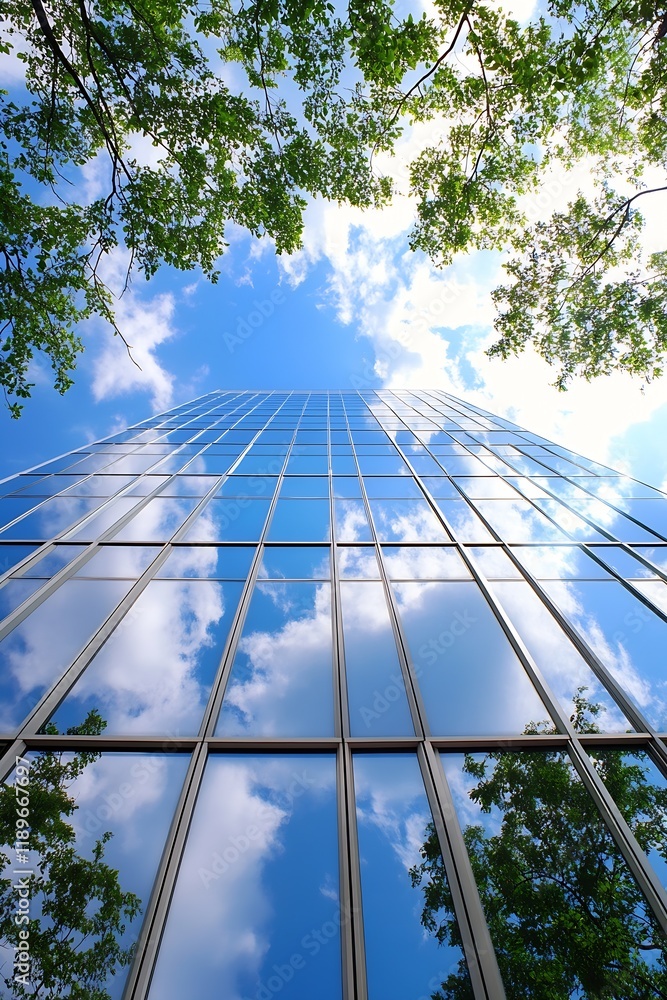 Poster reflection of clouds and blue sky on modern glass office building facade framed by trees : generativ