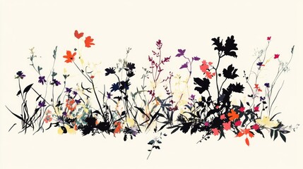 Naklejka premium Vibrant Wildflower Meadow: A Symphony of Colors and Silhouettes