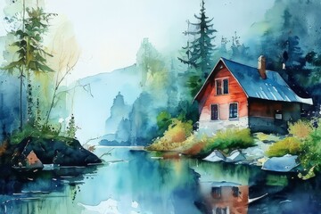 Fototapeta premium autumn painting of a lake, forest, fall season, autumn, fall, trees, leaves, color drawing oil painting,autumn painting,