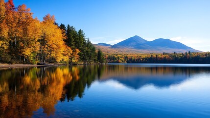 Fototapeta premium Scenic autumn lake with colorful foliage reflecting mountains : Generative AI