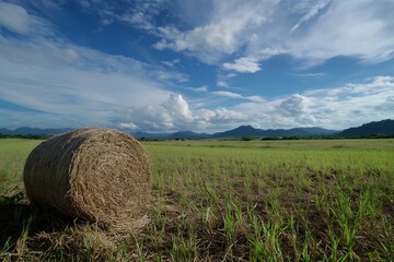 Serene Rural Landscape with Hay Bale Under Dramatic Blue Sky and Wispy Clouds : Generative AI