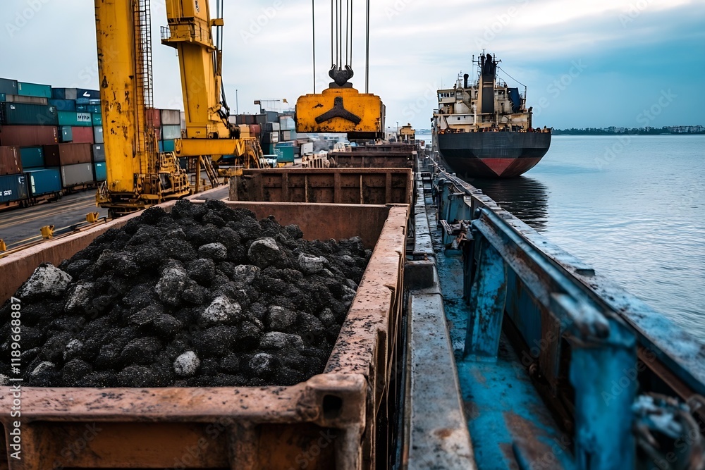 Aufkleber industrial port with crane loading bulk material onto cargo ship at dock : generative ai