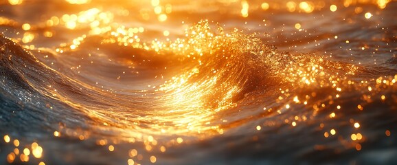 Naklejka premium Golden sunset light illuminating ocean wave.