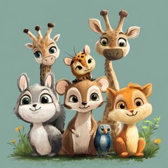 Naklejka premium Adorable Cartoon Animals Grouped Together In Nature