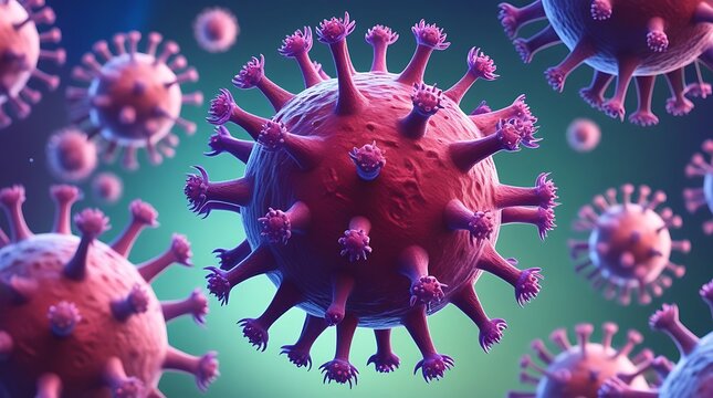 Microscopic view of a virus structure with vibrant purple spikes and a glowing teal background, highlighting viral biology, pathogens, infectious diseases, microbiology, and the intricacies of cellula