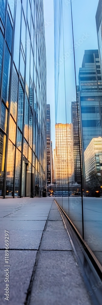 Poster contemporary reflections in skyscraper windows of modern city architecture : generative ai