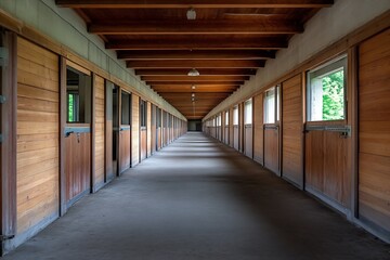 Empty Wooden Horse Stable Interior with Symmetrical Architecture : Generative AI