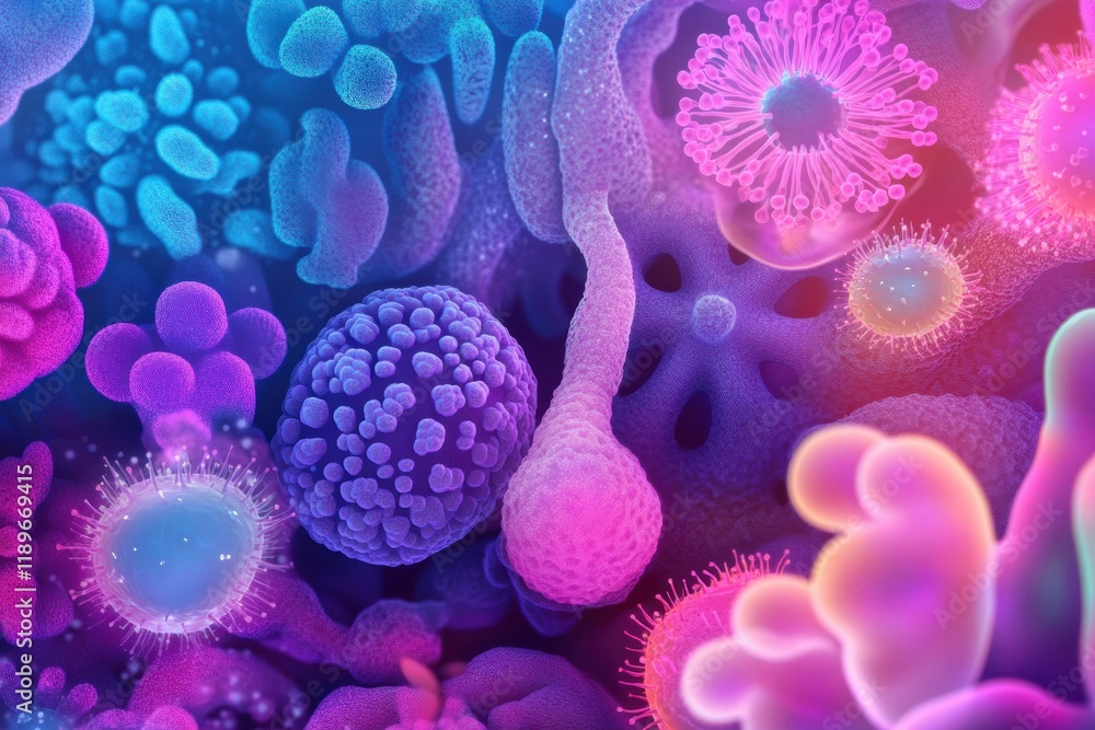Aufkleber illustration showcases diverse microscopic microbes in vibrant colors and intricate textures under a