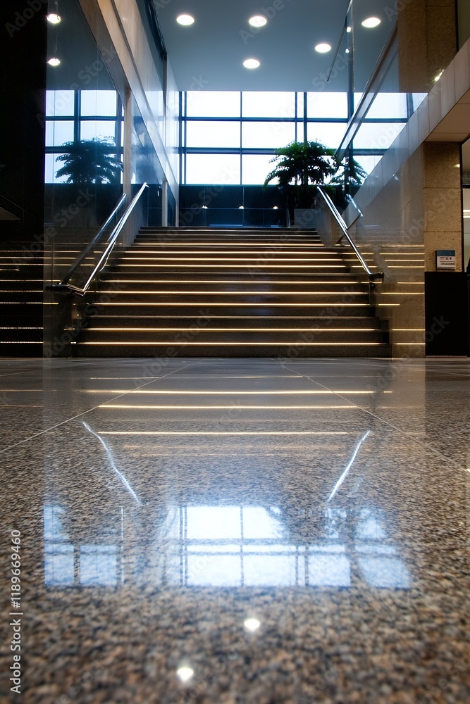 Poster modern office staircase design with glass railings and reflective flooring showcasing architectural 